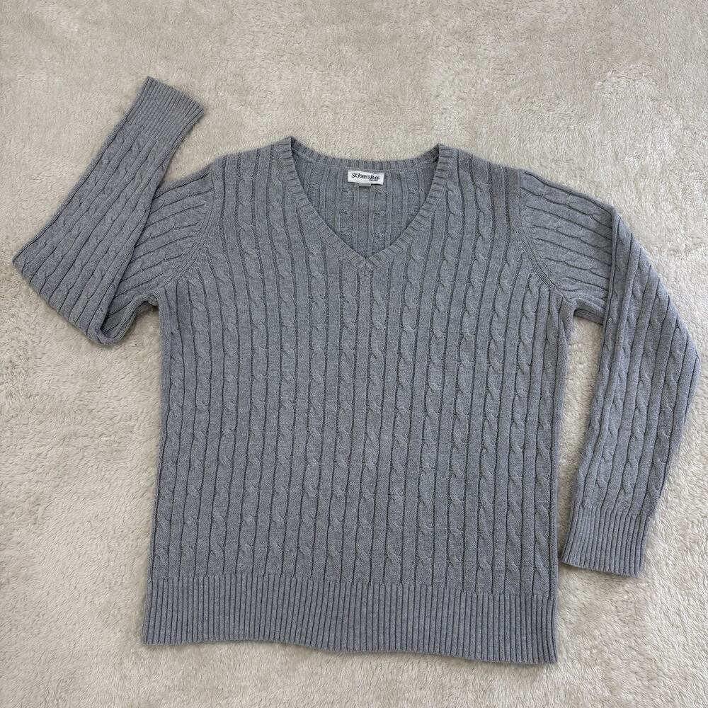St Johns Bay Womens XL Gray Cable Knit V Neck Cotton Blend Sweater Pullover